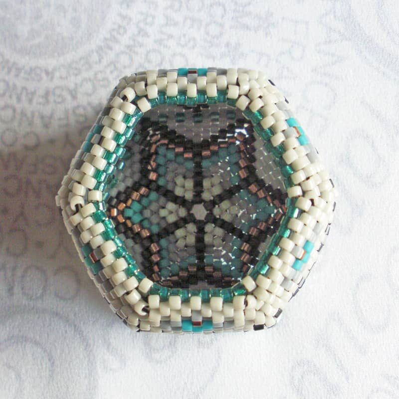 Beaded-Box-Hex-Misty-Teal-Gray-18fx Beaded hexagon box in misty grays with accents of teal blue.